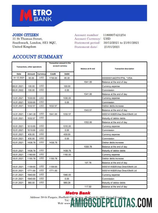 United Kingdom Metro Bank Excel Pdf amostra